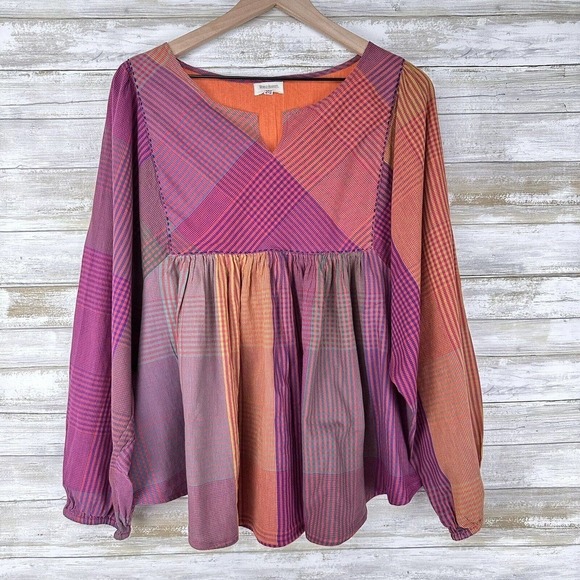 World Market Tops - WORLD Market Madras Peasant Top Large / XL Shirt Plaid Pink Orange Puff Sleeve